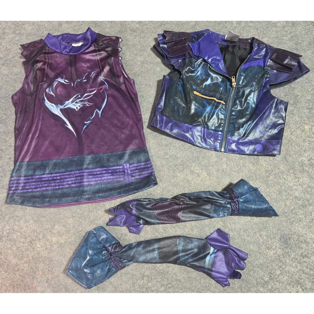 Disney Descendants Mal Costume Set Girls 7/8 Purple Vest Top Gauntlets 3pc